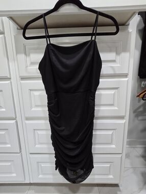 Black Ruched Slip Dress with Cowl Neck
